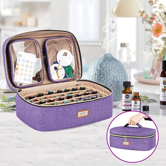 CURMIO Essential Oil Storage Case for 40 Bottles (5ml-30ml), Essential Oils Organizer Case with 2 Detachable Visible Pouches and Portable Handle, Patented Design, Purple (Bag Only)