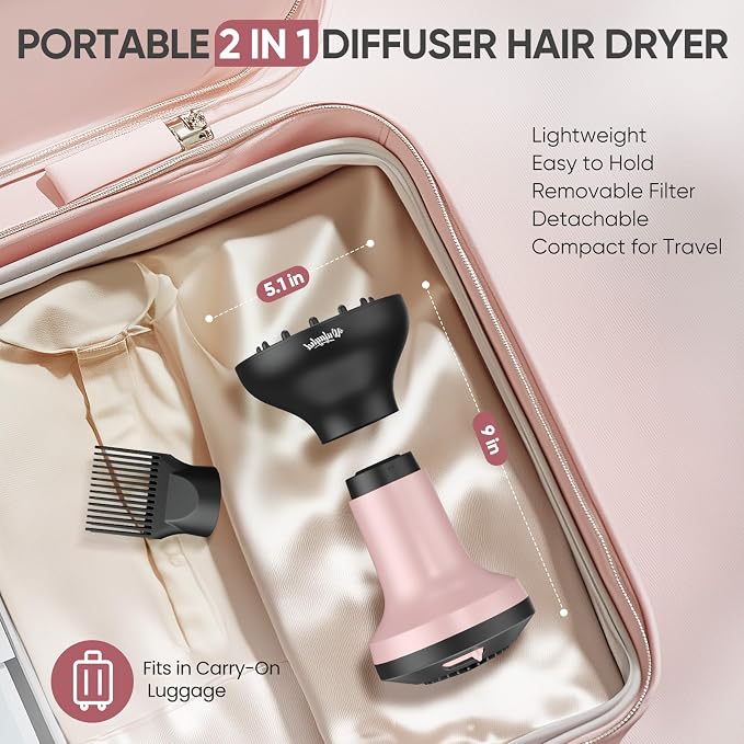 WUFAYHD 2-in-1 Diffuser Hair Dryer for Curly Hair: 1875W Ionic Hair Dryer w/Comb & Diffuser Attachment, Fast Drying, Reduces Frizz, Anti-Heat Handle Blow Dryer with ALCI Plug, Gift for Women Her
