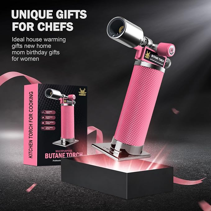 RAVS Butane Torch, Premium Metal Pink Torch Lighter with Adjustable Flame & Safety Buckle, Food Torch for Baking, BBQ, Desserts, Unique Gifts for Women, Butane Fuel Not Included