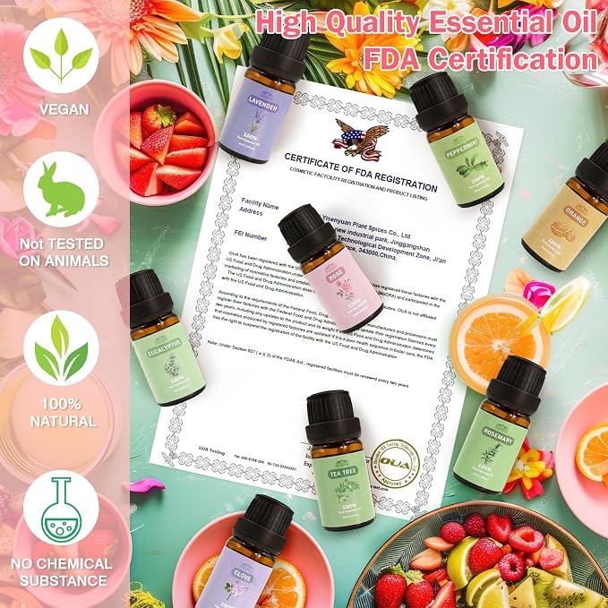 8 Pcs×10ml Pure Essential Oils for Diffuser for Home Care, Perfume, Candle and Soap Making - Peppermint, Lavender, Rose, Clove-Organic Essential Oils Set for Women and Mom Gift