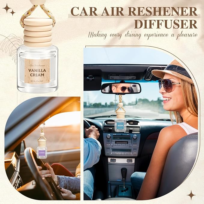 AROIC 4 Pack Car Air Freshener, Wooden Lid Essential Oil Car Diffuser, Natural Long Lasting Scent for Auto Interior, Mothers Day Gifts for Mom/Women (Mahogany/Lavender/Ocean/Vanilla Cream)