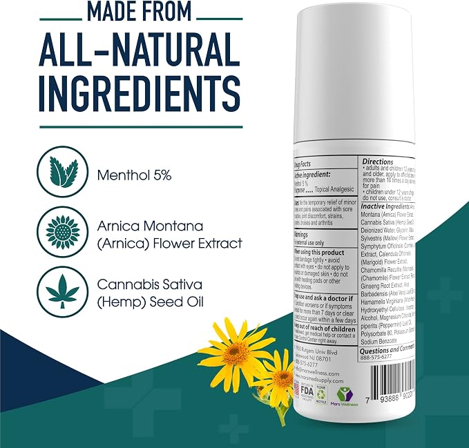 MARS WELLNESS MG+ Cooling Roll on Pain Relief (3 oz) – Fast Acting Arnica Roll on 5% Menthol Magnesium & Arnica – Penetrating Menthol Pain Relief Roll On Topical Pain Relief - 5 Pack