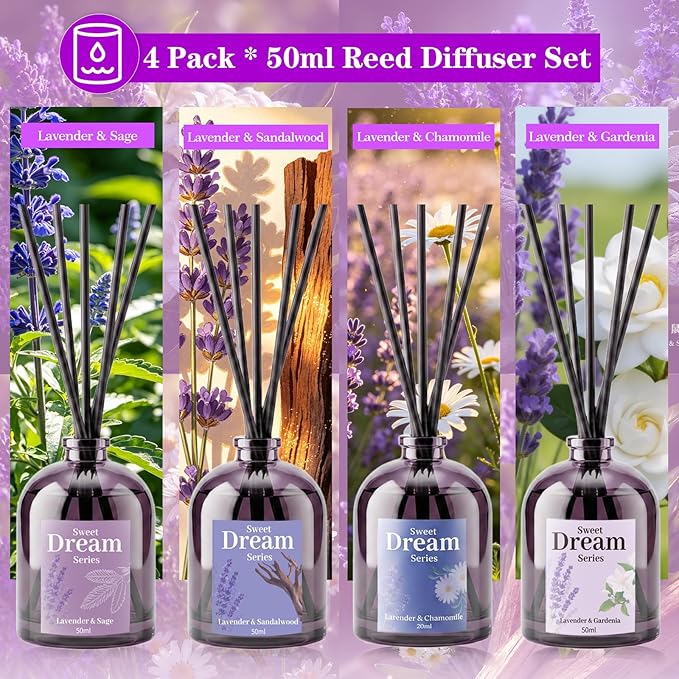 SCENTORINI Reed Diffuser Set for Sleep, Relax, 4 * 1.69oz, Natural Lavender Essential Oil Diffuser, Scented Reed Diffuser, Home Fragrance for Room Spa Bedroom Bathroom Hotel Home Decor