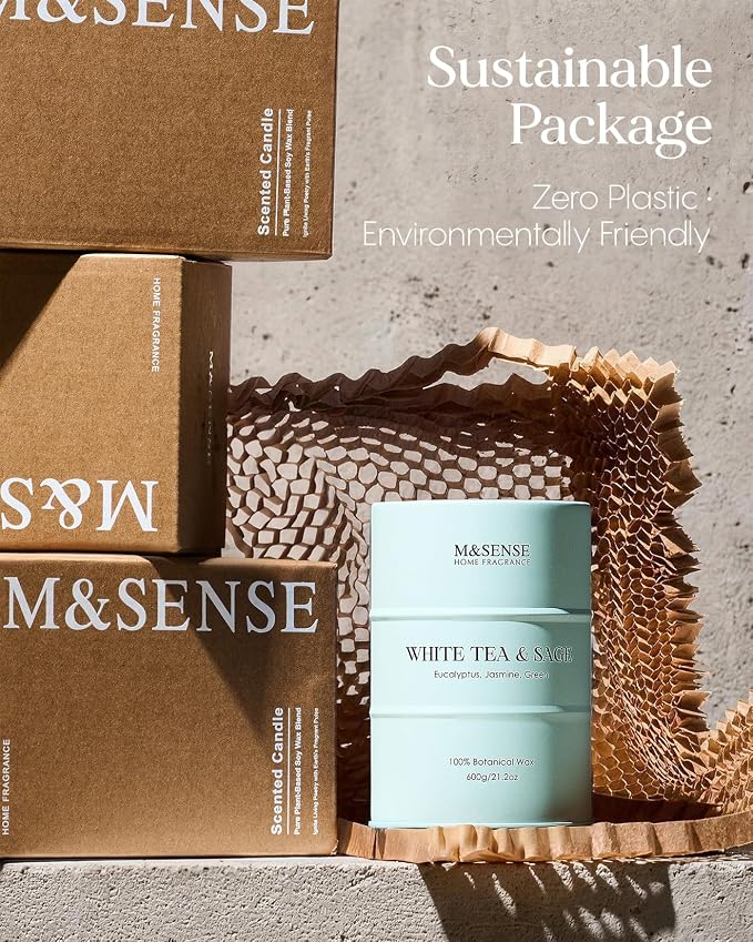 M&SENSE White Tea Sage Scented Candles Natural Non Toxic, Aromatherapy Candle for Stress Relief Meditation Relaxing, Housewarming Gifts for Women Men, 11.3oz 70 Hour Long Burning