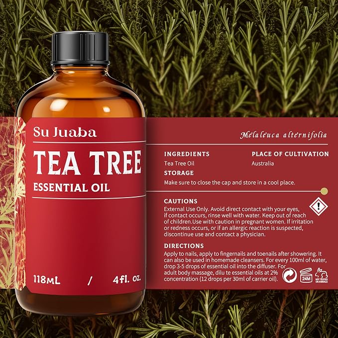 SU JUABA 4 Fl Oz Tea Tree Essential Oil, Aromatherapy Oil for Toenail, Skin, Face, Hair, Shampoo - 118ML