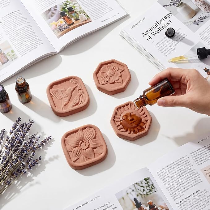 AceOrbit 4 Pcs Ceramic Clay Diffuser Passive Aromatherapy Oil Diffuser Essential Oil Accessories Hummingbirds Daisies Sun Lotus Flowers for Car Office Desk Home Decor Mini Terracotta Housewarming Gift