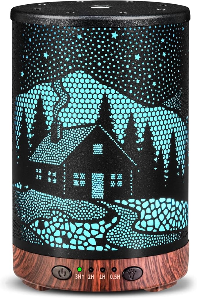 Essential Oil Diffuser, 120 ml Aromatherapy Diffuser with 7 Color Lights, Auto Shut-Off and 4 Timer Settings, Ultrasonic Cool Mist Diffuser for Home Room Office (Winter Cabin)