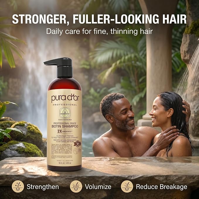 PURA D'OR Clinically Formulated Biotin Shampoo - Daily Hair Care Routine For Thinning Hair - 2X Concentrated 17+ Key Herbal Blend Hair Thickening Products For Women & Men, Botanical Zen Scent 16 Fl Oz