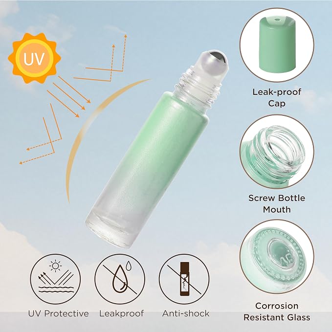 SESENSE Essential Oil Roller Bottles, 10ml Thick Glass Perfume Roller Bottles with Funnel Opener and Dropper Colored Glass Empty Bottles with Stainless Steel Roller Balls (Green, 4 Pack)