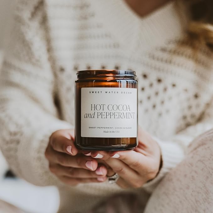 Sweet Water Decor Hot Cocoa and Peppermint Soy Candle | Chocolate, Peppermint, and Vanilla Holiday Scented Candles for Home | 9oz Amber Jar Candle with Black Lid, 40+ Hour Burn Time, Made in the USA