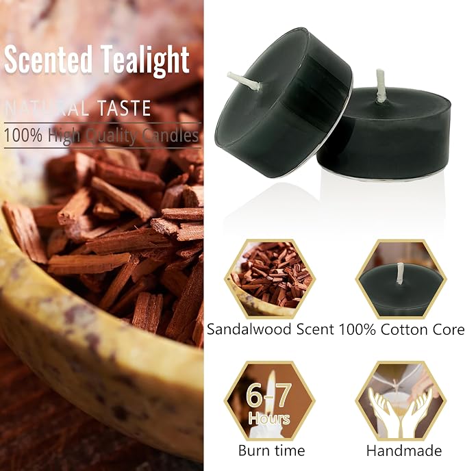 Black Tea Lights Set of 24, Sandalwood Scented Tealight Candles, Handmade Tea Candles, Long Burning Tealights for Wedding Halloween Home Decor Gift