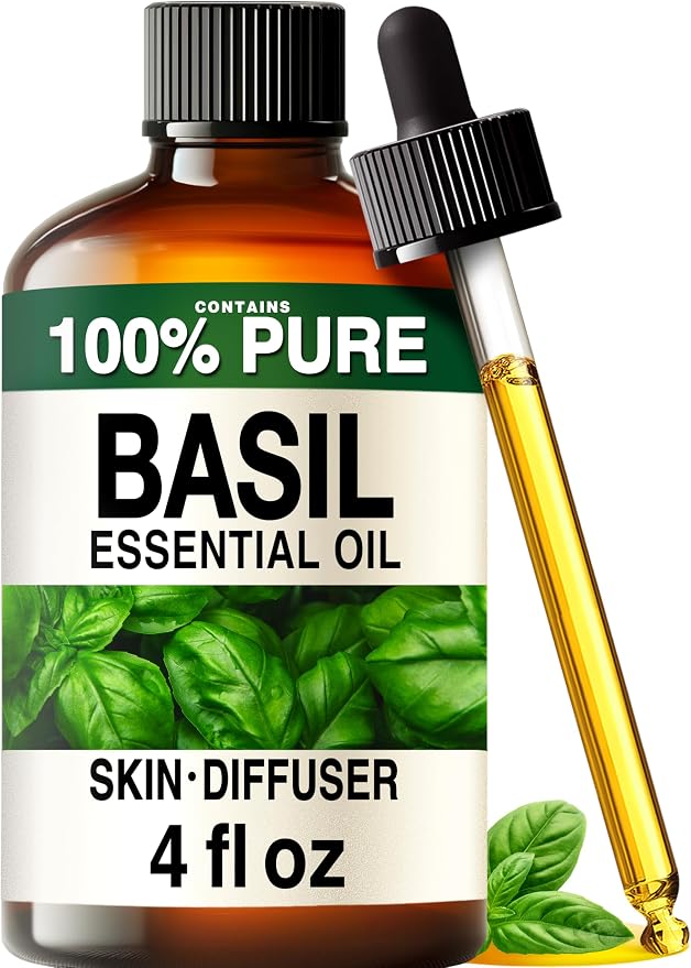 100% Pure Basil Oil - 4 Fl Oz Basil Essential Oil for Hair, Skin, Diffuser, Aromatherapy & DIY Soap Making Scent