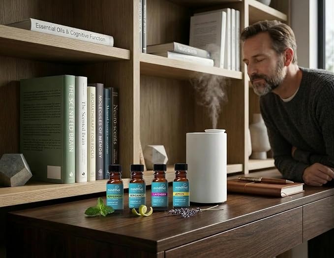 Olfactory Starter Kit – Mini Essential Oil Diffuser with 4 Pure Oils (Peppermint, Lavender, Bergamot, Lemon) – Daily Scent Routine for Focus, Calm & Sleep – Aromatherapy Wellness Set