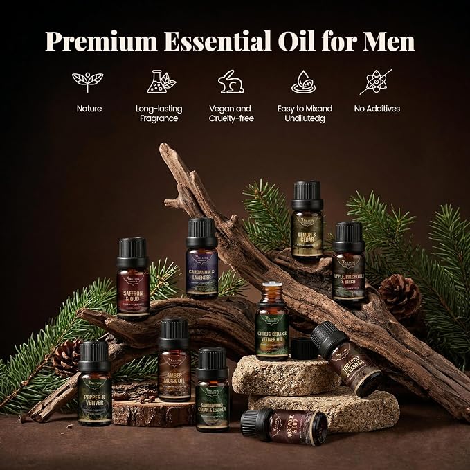 Men Essential Oils Set, Gift for Father, Masculine Fragrance Oils Blends for Diffuser, Candle & Soap Making, Car Diffuser Scents, Sandalwood Cedar&Leather, Tobacco&Vanilla More 10x5ml