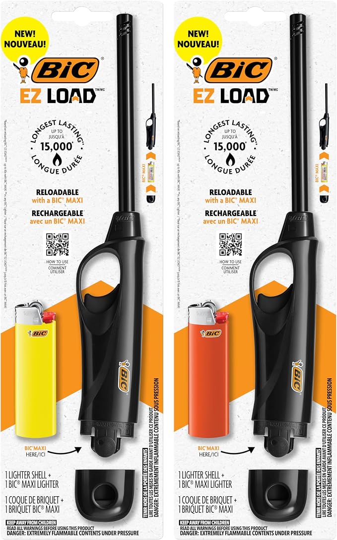 BIC EZ Load Lighters, Reloadable Multi Purpose Lighter, Assorted Colors, Pack with 2 EZ Load Long Lighter Shells and 2 Maxi Pocket Lighters (Colors May Vary)