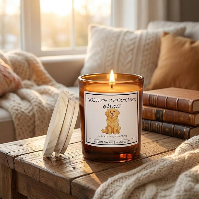Golden Retriever Gifts for Women | Birthday Gifts for Mom | Light When Dog Farts Candle | Cedar By Natural Soy Wax | Pet Safe Friendly Memorial Candles for Home Scented Household Essentials