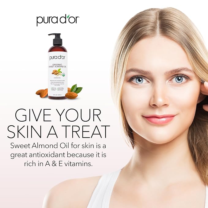 PURA D'OR 16 Oz ORGANIC Sweet Almond Oil-100% Pure&Natural USDA Certified Cold Pressed Carrier Oil For DIY Beauty-Non-Greasy,Unscented,Hexane Free Moisturizer-Massage-Oil For Hair&Skin,(Pack of 2)