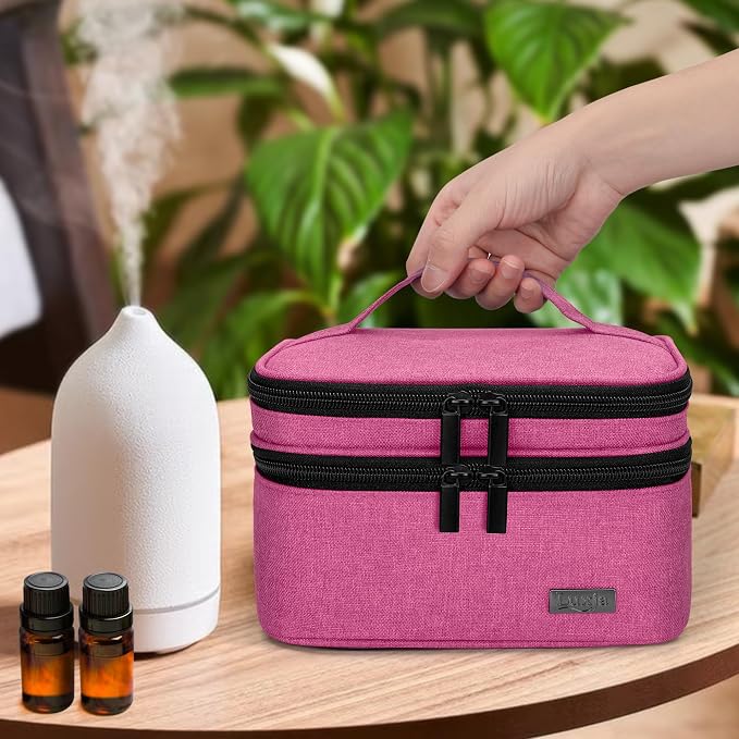 LUXJA Essential Oil Carrying Case - Holds 30 Bottles (5ml-30ml, Also Fits for Roller Bottles), Double-Layer Organizer for Essential Oil and Accessories, Pink (Bag Only)
