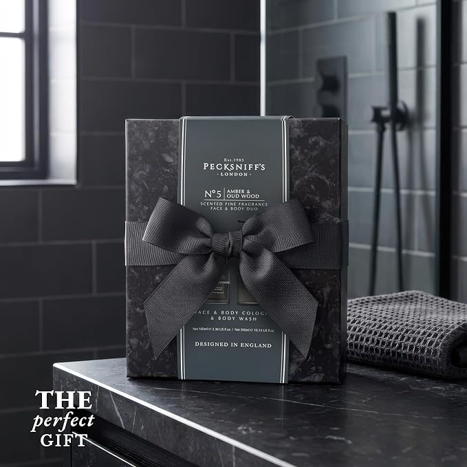 Pecksniff's Face & Body Duo Amber & Oud Wood – Men’s Grooming Gift Set with 100ml Face & Body Cologne and 250ml Body Wash – Luxury Fragrance Collection, Made in England