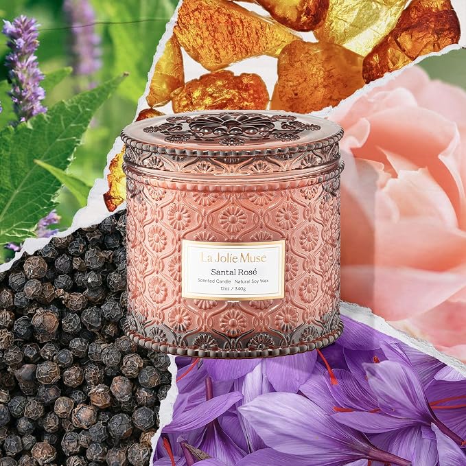 LA JOLIE MUSE Santal Rosé Scented Candles for Home, Natural Soy 2-Wick 12oz | Large Jar Luxury Candle, Clean Non Toxic, Gifts for Women, Decorative Pink Candles, Pretty Floral Candle, Sandalwood Rose