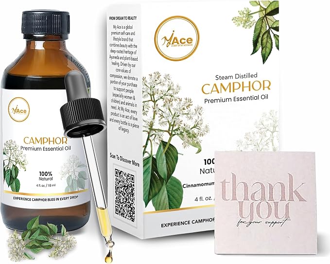 My ACE Camphor Essential Oil 4 Fl Oz - 100% Pure & Natural - Premium Grade for Aromatherapy, Diffuser, Skin, Hair, Massage, Candle & Soap Making, Home - Glass Bottle with Dropper - Long Lasting Scent