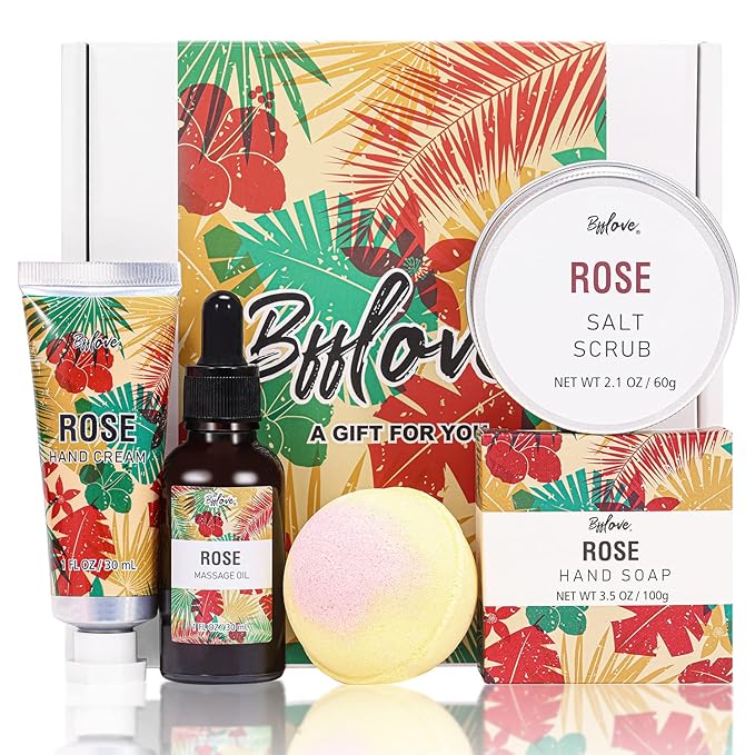 Spa Gifts for Women, Gift Set, Self Care Kit, Birthday Gifts, 5pc Rose Bath Sets Include Massage Oil, Bath Bomb, Salt Scrub, Soap, Hand Cream, Mother's Day Gifts for Mom