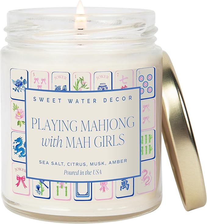 Sweet Water Decor Mahjong Candle, Mahjong Gifts for Women, 9oz Jar with Gold Lid, 40 Hour Burn Time, Non-Toxic Soy Wax Candle Scent Notes of Sea Salt, Citrus, Musk & Amber, Unique Game Night Decor