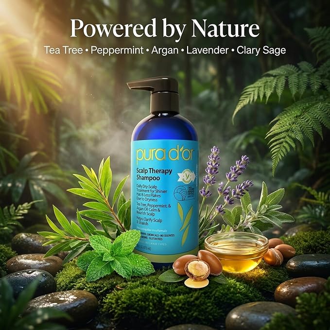 PURA D'OR Scalp Therapy Shampoo Hydrates & Nourishes Scalp - Scalp Shampoo For Itchy Flaky Scalp w/Tea Tree, Peppermint, Patchouli, Cedarwood, Clary Sage, Argan Oil, Tea Tree Peppermint Scent 16 Oz
