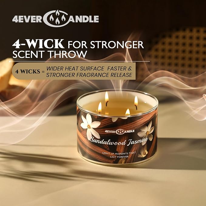 4EVER Scented Candles | 4-Wick 18oz Soy Wax Candle | Up to 50Hrs Clean Burn | Aromatherapy Candles for Home Scented | Gifts for Women & Mom, Sandalwood Jasmine