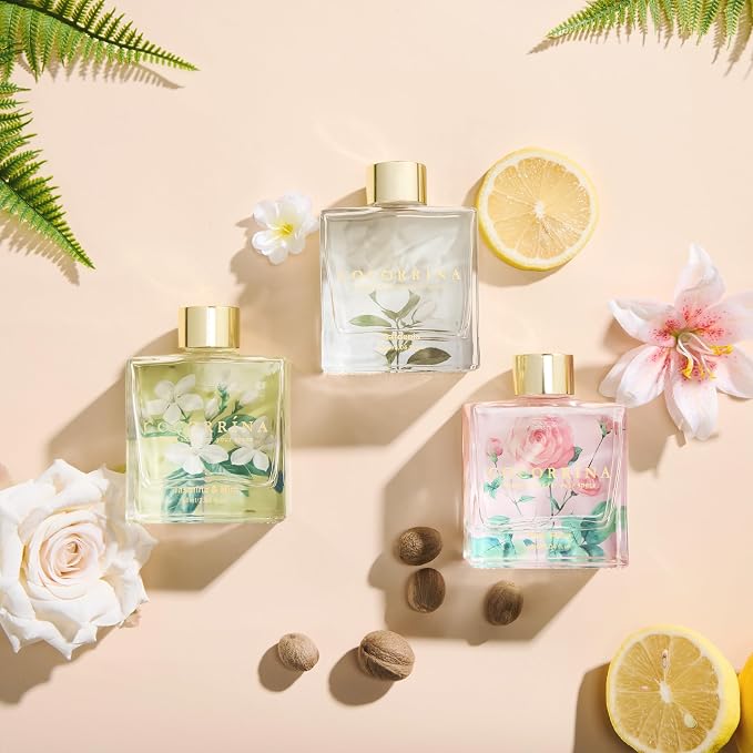 COCORRÍNA Reed Diffuser Set of 3-3 Pack/ 3.04 Fl.oz Diffuser with 24 Sticks Pink Rose/Gardenia/Jasmine & Mint, Reed Diffuser for Home Bathroom Office Decor