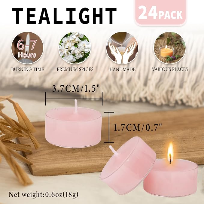 Gardenia Scented Tealight Candles, White Scent Tea Lights Candles Clear Cup, 24 Pack Colored Tealights Candle, 6 Hour Burn Time Tea Candles for Party, Decor, Spa, Shabbat