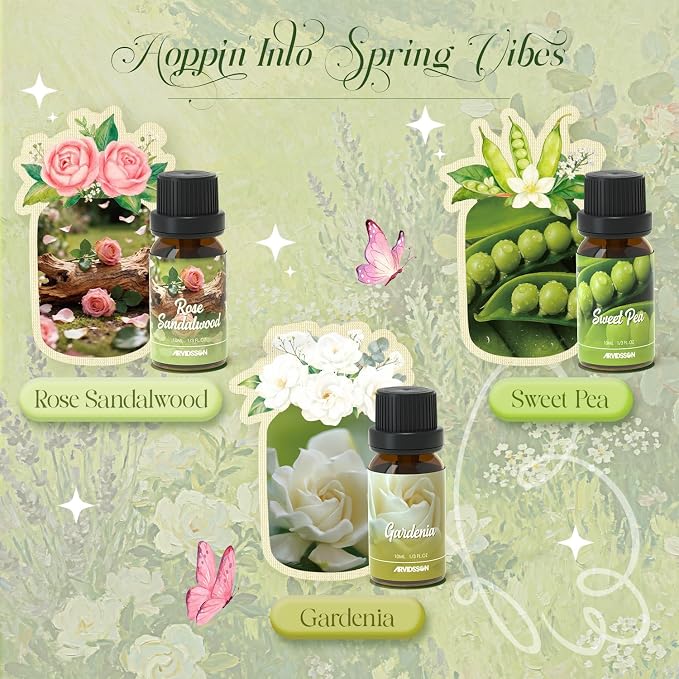 ARVIDSSON Spring Essential Oils Set, Natural Fragrance Oil for Diffuser - After Rain, Ocean Breeze, Fresh Cut Grass, Gardenia, Sweet Pea, Rose Sandalwood, Spring Scented Oil Gift Set