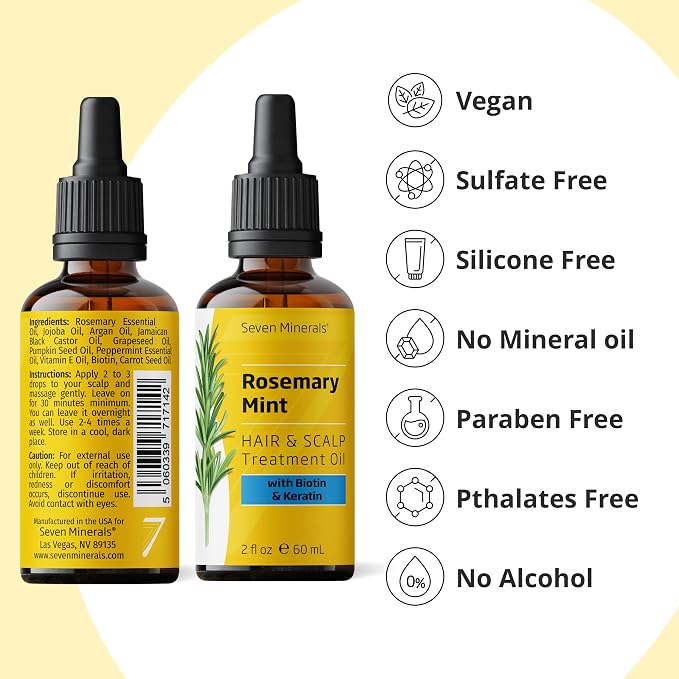 Seven Minerals Rosemary Oil for Hair Growth, Infused with Biotin, Keratin, Mint, and Natural Strengthening Oils for Men & Women, 2 fl oz