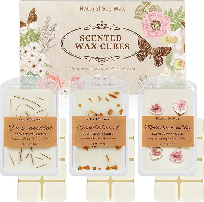SCENTORINI Wax Melts, Premium Wax with Essential Oil, Summer Scents, Scented Wax Cubes, Natural Dried Flower, Pine Needles, Sandalwood, Mediterranean Fig, 2.5 oz X 3 Pack