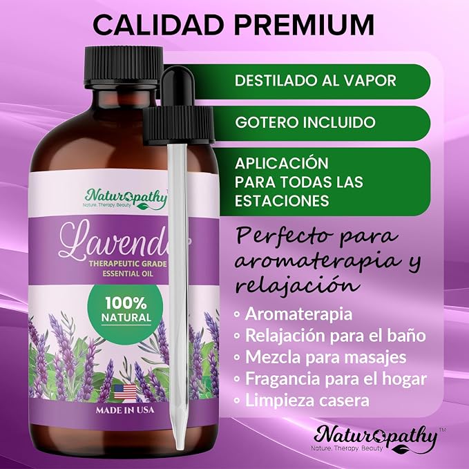 Naturopathy Lavender Essential Oil, 100% Natural Therapeutic Grade, Premium Quality Lavender Oil, 4 fl. Oz - Perfect for Aromatherapy and Relaxation