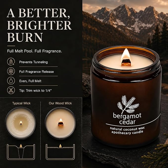 Hemlock Park Bergamot Cedar Apothecary Scented Candle | Crackling Wood Wick, Botanical Fragrance & Coconut Apricot Wax | Up to 60 Hour Burn Time | 8 oz | Made in USA