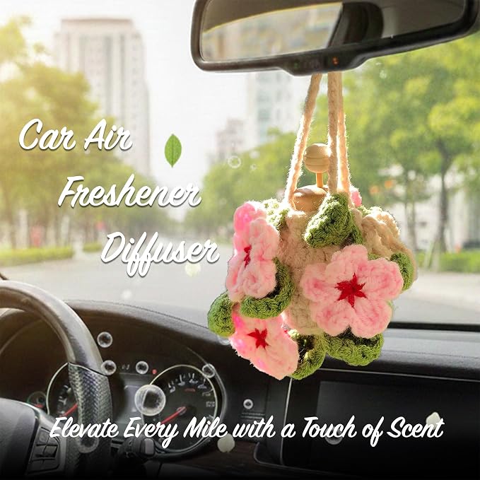 Crochet Car Air Freshener Cherry Blossom Accessories - 12ml Empty Refillable Oil Diffuser Bottle, Crochet Hanging Plant Car Decor Mirror Accessories For Women and Men