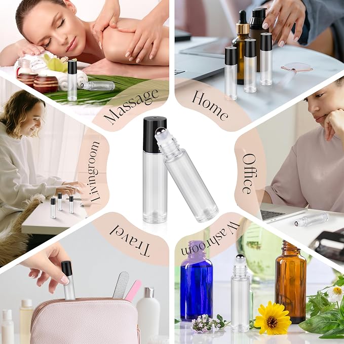 10ml roller bottles for essential oils, 24 Pack Clear Roll on Bottles, Thick Glass Roller Bottles for Oils, with Stainless Steel Roller Balls, 2 Droppers