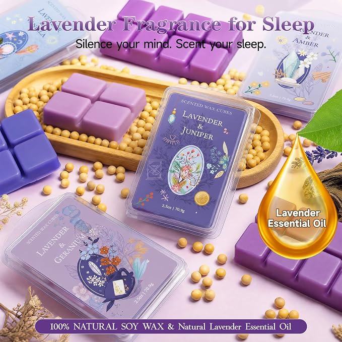 SCENTORINI Wax Melts, Soy Wax Cubes Strong Scent, Lavender Essential Oil Scented for Sleep, Summer Scents Wax Melts for Warmer Gift Set, 10 oz 4-Pack - Lavender & Amber, Juniper, Geranium, Vanilla