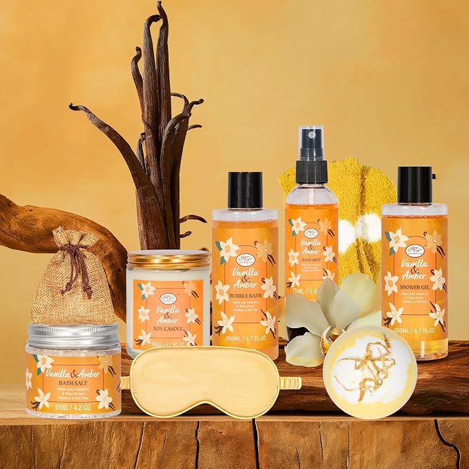 Bath Gift Set for Self Care, 11pcs Luxury Spa Gift Baskets for Women, Home Spa Essential W/ Bubble Bath, Body Lotion, Vanilla Amber Scented Candle, Birthday Gifts for Women, Mothers Day Gifts