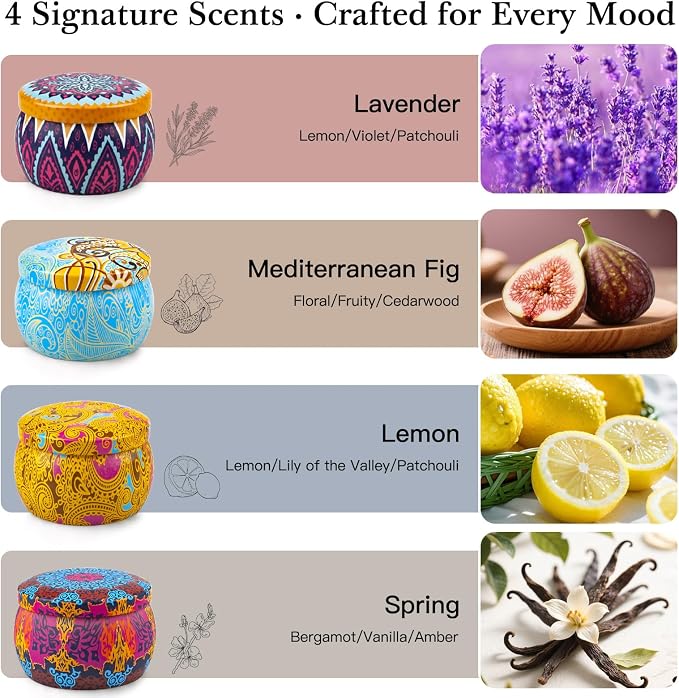 YINUO Scented Candle Gift Set for Women, 4 Pack Long-Lasting Scented Soy Wax Candles with Lavender, Fig, Lemon & Spring, Aromatherapy Candle for Relaxing, Gifts for Women, Mom & Home Décor
