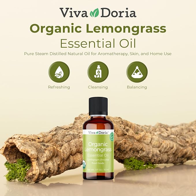 Viva Doria Lemongrass Essential Oil, USDA Certified, Organic Lemongrass Oil, 100% Pure, Natural Essential Oil, Undiluted, for Aromatherapy | Food Grade, 30 mL (1 Fluid Ounce)