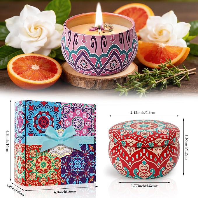 4 Pack Scented Candles for Women Gift- 8% Essential Oil Aromatherapy Candle Set, 50H Long Lasting Natural Soy Wax Candles, Travel Tin Gift Box for Stress Relief Spa Yoga Birthday Housewarming