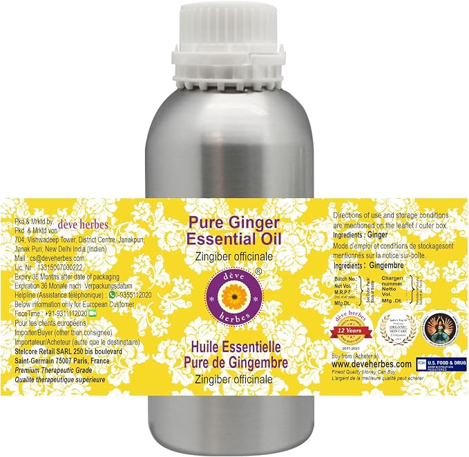Deve Herbes Pure Ginger Essential Oil (Zingiber officinale) Steam Distilled 300ml (10 oz)