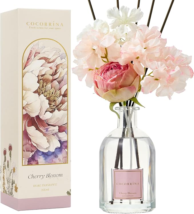 COCORRÍNA Reed Diffuser - Cherry Blossom 8.5 Fl.oz Flower Diffuser with 8 Sticks, Reed Diffusers for Home Bathroom Shelf Decor