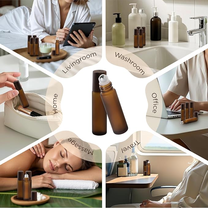 SESENSE Essential Oil Roller Bottles, 10ml Thick Glass Perfume Roller Bottles with Funnel Opener and Dropper Amber Glass Empty Bottles with Stainless Steel Roller Balls (Amber, 12 Pack)