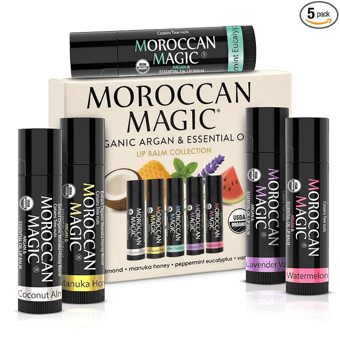 Moroccan Magic Organic Lip Balm 5 Piece Variety Pack Gift Set | Ultra-Hydrating Argan & Essential Oil Lip Moisturizer + Vitamin E | Smooth | Natural | Non-Toxic | Cruelty Free | 5 Pack