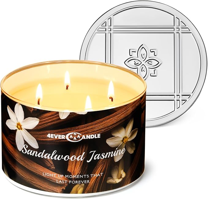 4EVER Scented Candles | 4-Wick 18oz Soy Wax Candle | Up to 50Hrs Clean Burn | Aromatherapy Candles for Home Scented | Gifts for Women & Mom, Sandalwood Jasmine