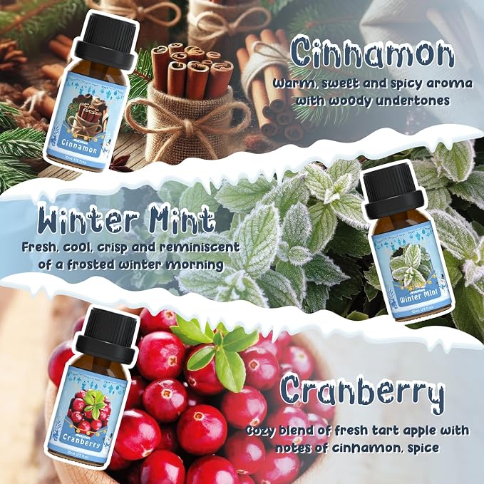 ARVIDSSON Winter Essential Oils Set, Holiday Fragrance Oil for Diffuser， Candle Making - Cinnamon, Christmas Wreath, Apple Cider, Gingerbread, Cranberry, Winter Mint Scented Oils for Home