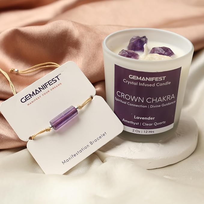 Crown Chakra Meditation Candle with Healing Crystals and Amethyst Bracelet Lavender Candles for Home Relaxing Candles for Women Stress Relief Spiritual Meditation Gifts for Women Men